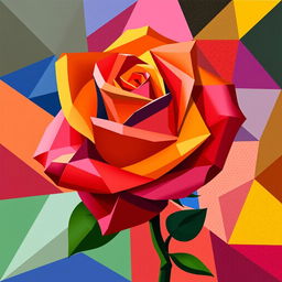 A beautiful Cubism-style artwork featuring a vibrant rose, composed of fragmented geometric shapes and bold colors