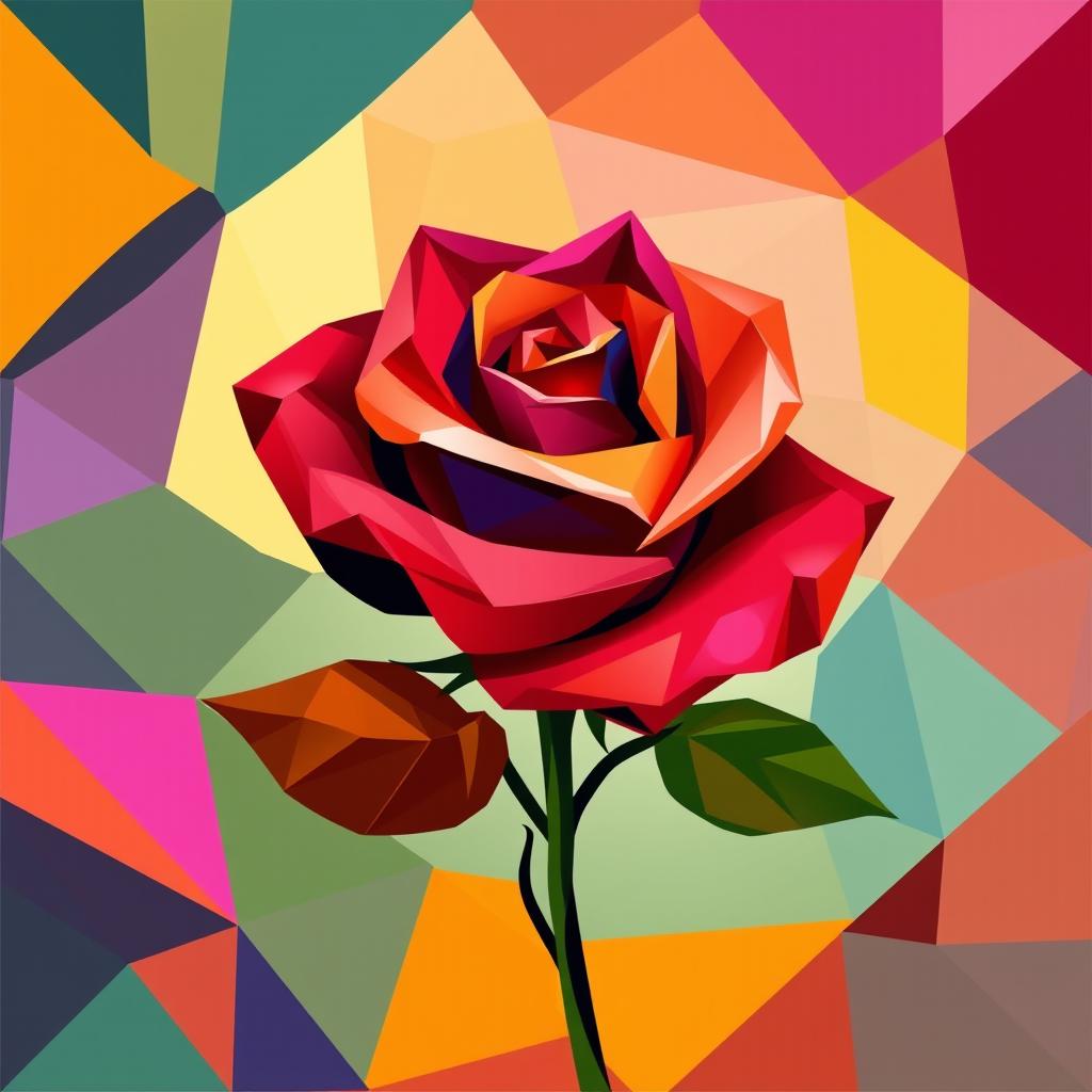 A beautiful Cubism-style artwork featuring a vibrant rose, composed of fragmented geometric shapes and bold colors