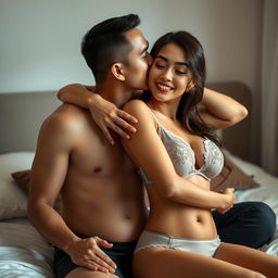 A 35-year-old Indonesian man with pure white skin is affectionately hugging a beautiful 28-year-old woman from behind while kissing her cheek