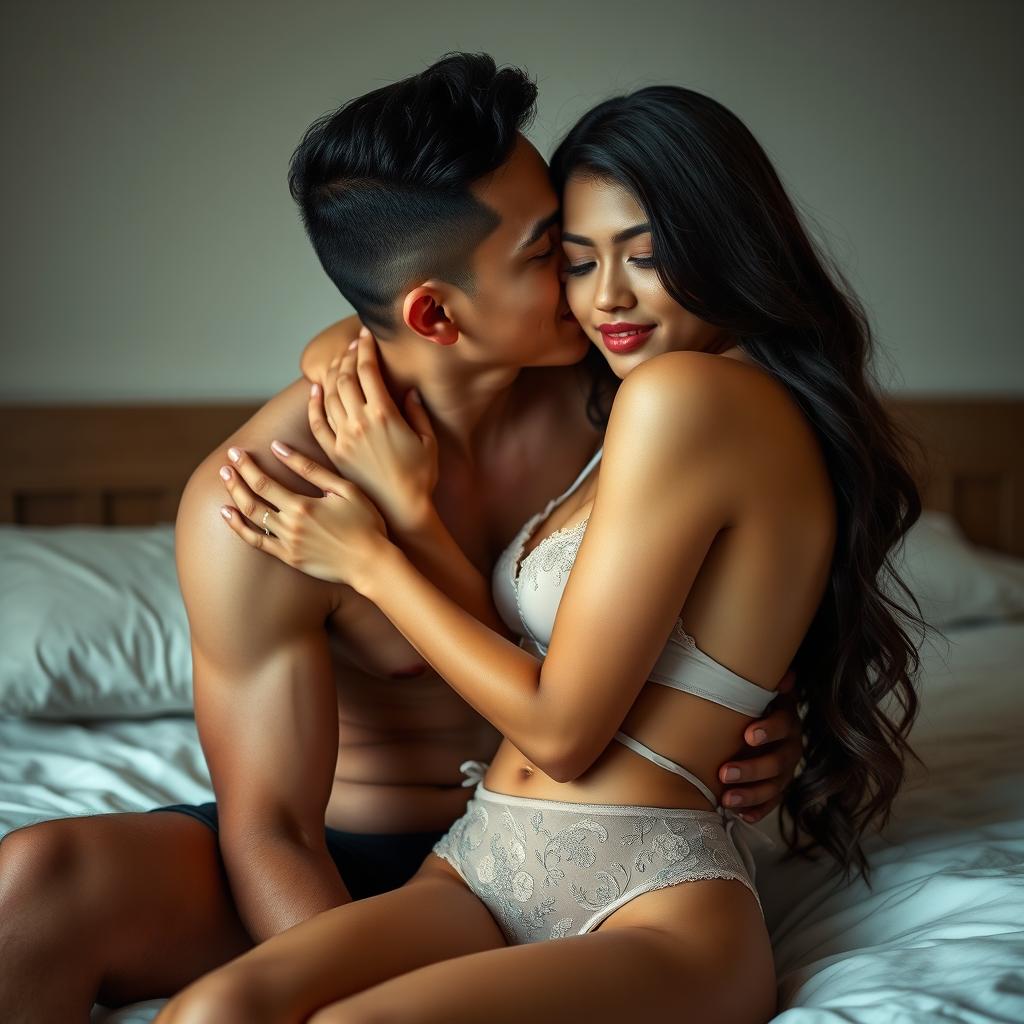 A 35-year-old Indonesian man with pure white skin is affectionately hugging a beautiful 28-year-old woman from behind while kissing her cheek