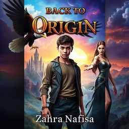 A dramatic fantasy book cover for 'Back to Origin' by Zahra Nafisa