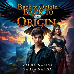 A dramatic fantasy book cover for 'Back to Origin' by Zahra Nafisa