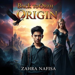 A dramatic fantasy book cover for 'Back to Origin' by Zahra Nafisa