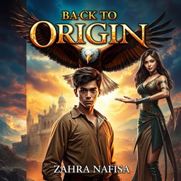A dramatic fantasy book cover for 'Back to Origin' by Zahra Nafisa
