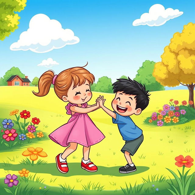 A cartoon illustration of a playful scene in a bright, colorful park, depicting a little girl with pigtails wearing a pink dress and red shoes playfully fighting with a little boy in a blue t-shirt and shorts