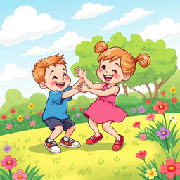 A cartoon illustration of a playful scene in a bright, colorful park, depicting a little girl with pigtails wearing a pink dress and red shoes playfully fighting with a little boy in a blue t-shirt and shorts
