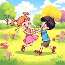 A cartoon illustration of a playful scene in a bright, colorful park, depicting a little girl with pigtails wearing a pink dress and red shoes playfully fighting with a little boy in a blue t-shirt and shorts