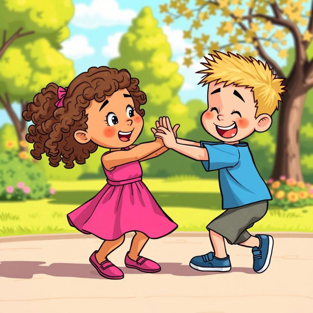 A colorful cartoon scene depicting a playful fight between a little girl and a little boy