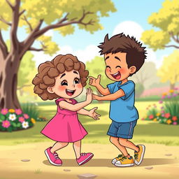 A colorful cartoon scene depicting a playful fight between a little girl and a little boy