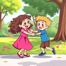 A colorful cartoon scene depicting a playful fight between a little girl and a little boy