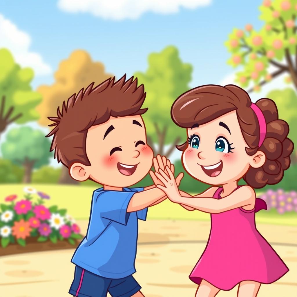 A colorful cartoon scene depicting a playful fight between a little girl and a little boy