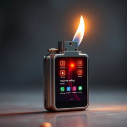 A futuristic lighter designed to resemble a smartphone screen, featuring a digital interface with glowing icons