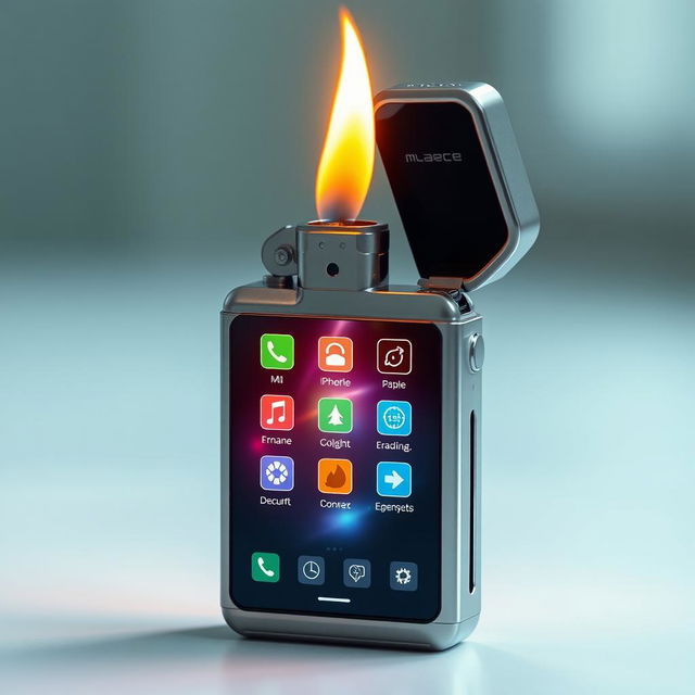 A futuristic lighter designed to resemble a smartphone screen, featuring a digital interface with glowing icons