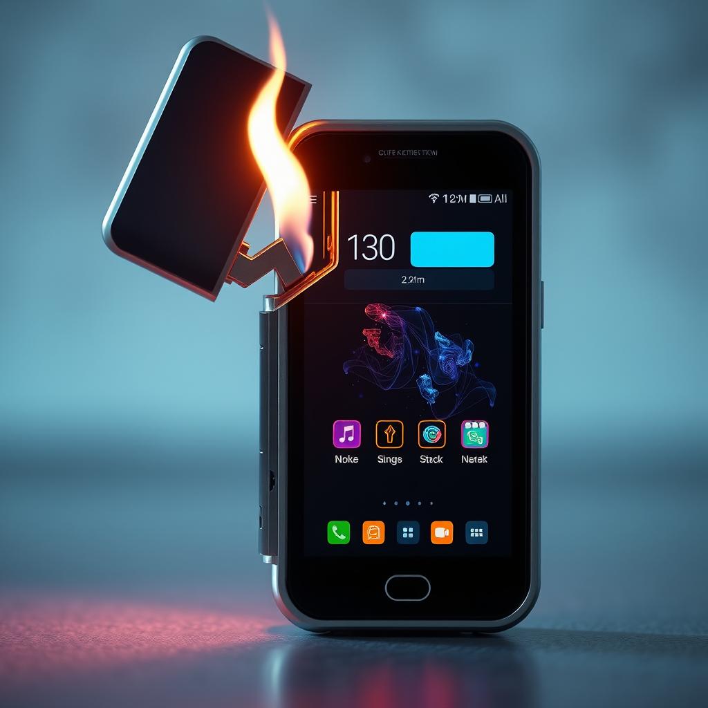 A futuristic lighter designed to resemble a smartphone screen, featuring a digital interface with glowing icons