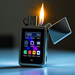 A futuristic lighter designed to resemble a smartphone screen, featuring a digital interface with glowing icons