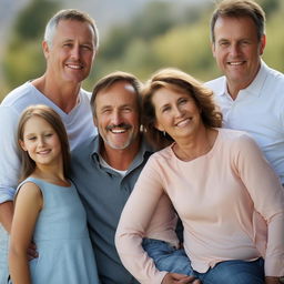 A heartwarming scene of a happy man beaming with joy in a group pose with his smiling family in a comfortable, natural setting.