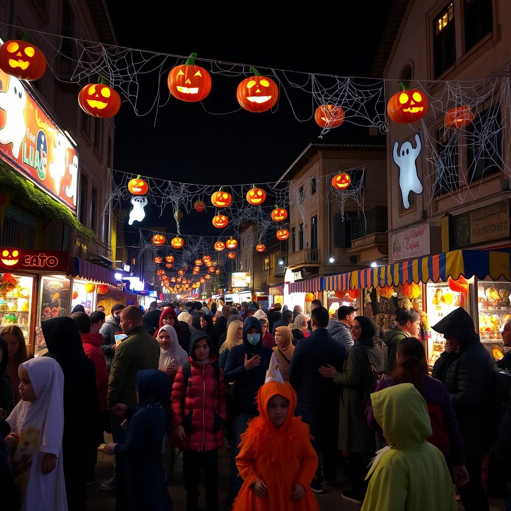 A vibrant Halloween celebration in Tehran, with a lively street scene filled with people dressed in creative and colorful costumes