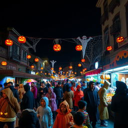 A vibrant Halloween celebration in Tehran, with a lively street scene filled with people dressed in creative and colorful costumes