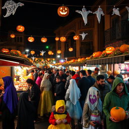 A vibrant Halloween celebration in Tehran, with a lively street scene filled with people dressed in creative and colorful costumes