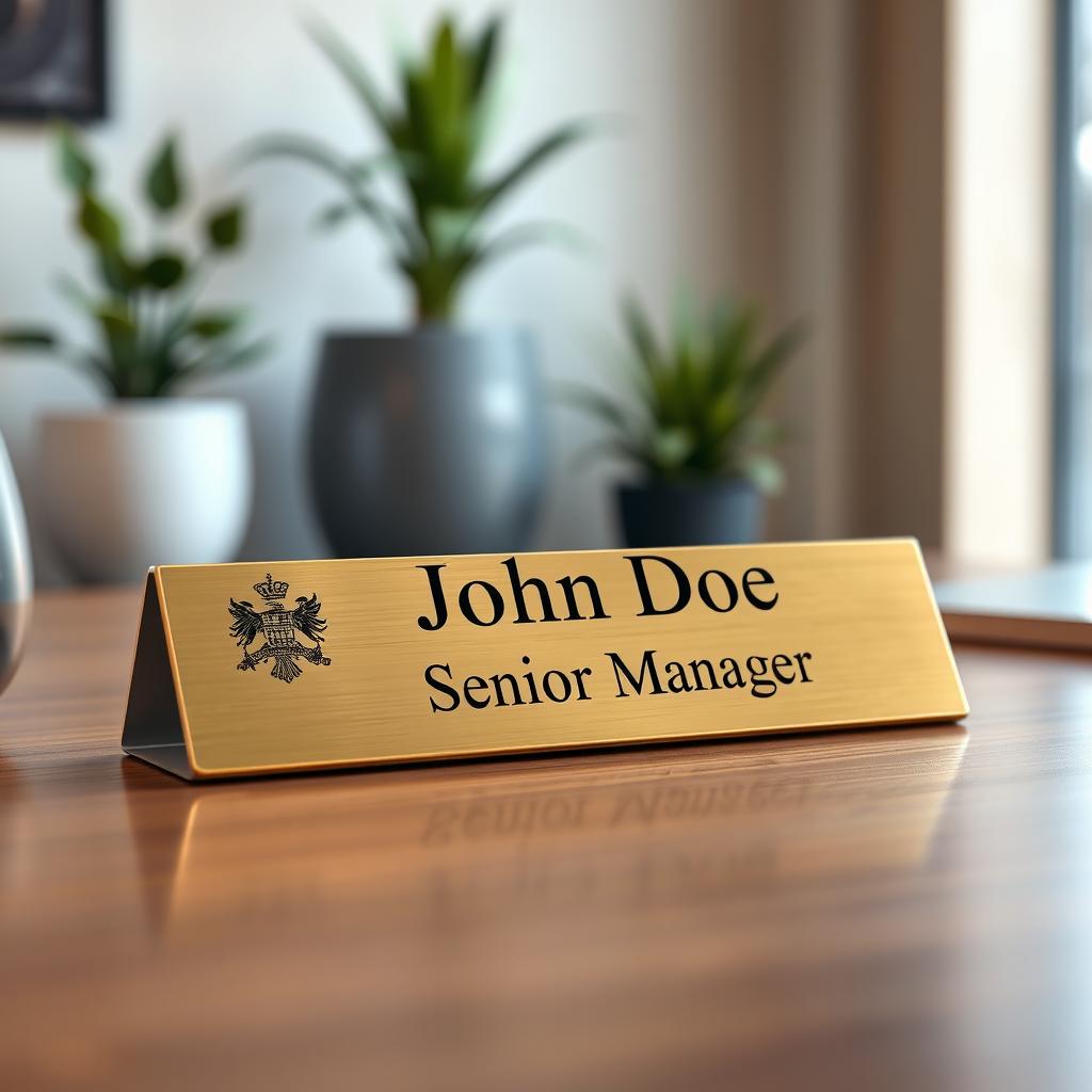 A stylish nameplate designed for an office desk, featuring a sleek brass finish with engraved text