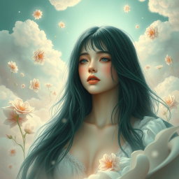 A stunning artistic depiction of a young woman with long, dark green hair in an ethereal, dreamlike setting