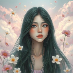 A stunning artistic depiction of a young woman with long, dark green hair in an ethereal, dreamlike setting