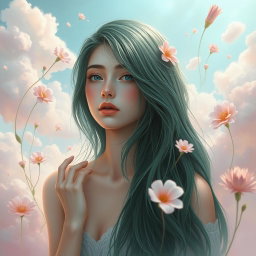 A stunning artistic depiction of a young woman with long, dark green hair in an ethereal, dreamlike setting