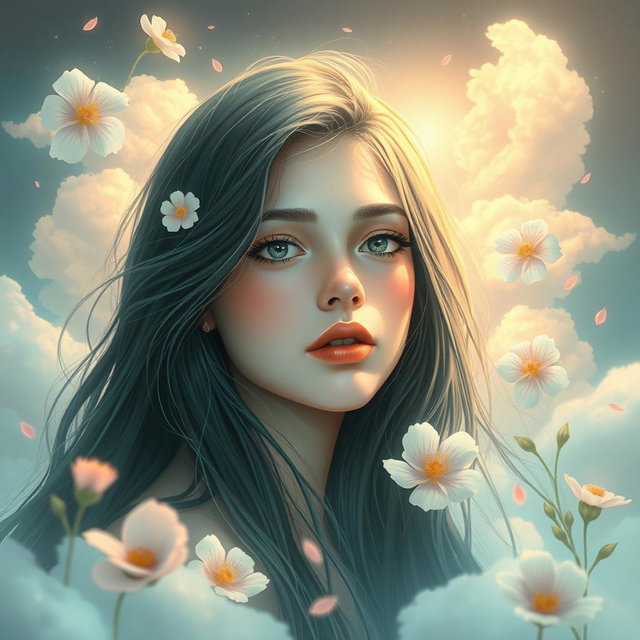 A stunning artistic depiction of a young woman with long, dark green hair in an ethereal, dreamlike setting