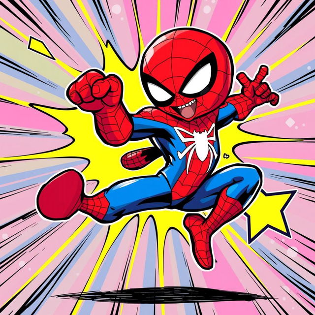 A vibrant and dynamic comic book style illustration of a superhero resembling a spider-themed character in a playful pose, showcasing their iconic red and blue costume with web patterns