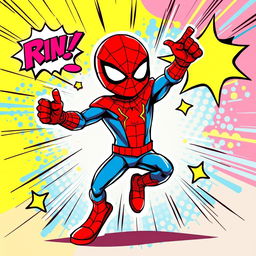A vibrant and dynamic comic book style illustration of a superhero resembling a spider-themed character in a playful pose, showcasing their iconic red and blue costume with web patterns