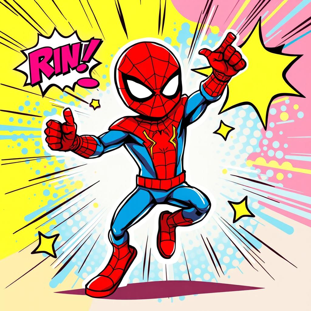 A vibrant and dynamic comic book style illustration of a superhero resembling a spider-themed character in a playful pose, showcasing their iconic red and blue costume with web patterns
