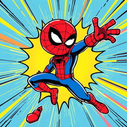 A vibrant and dynamic comic book style illustration of a superhero resembling a spider-themed character in a playful pose, showcasing their iconic red and blue costume with web patterns