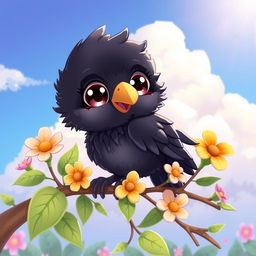 A cute 2D chibi drawing of a baby crow with big expressive eyes, fluffy feathers, and a small beak