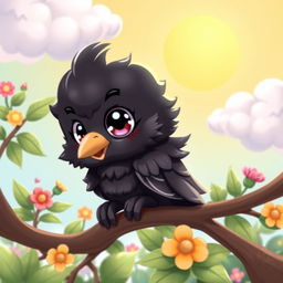 A cute 2D chibi drawing of a baby crow with big expressive eyes, fluffy feathers, and a small beak