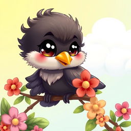 A cute 2D chibi drawing of a baby crow with big expressive eyes, fluffy feathers, and a small beak