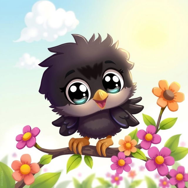 A cute 2D chibi drawing of a baby crow with big expressive eyes, fluffy feathers, and a small beak