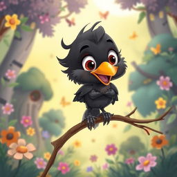 A cute baby crow with big expressive eyes, cartoonish features, and fluffy, soft feathers, depicted in a playful and whimsical style reminiscent of classic cartoon animations like Tom and Jerry