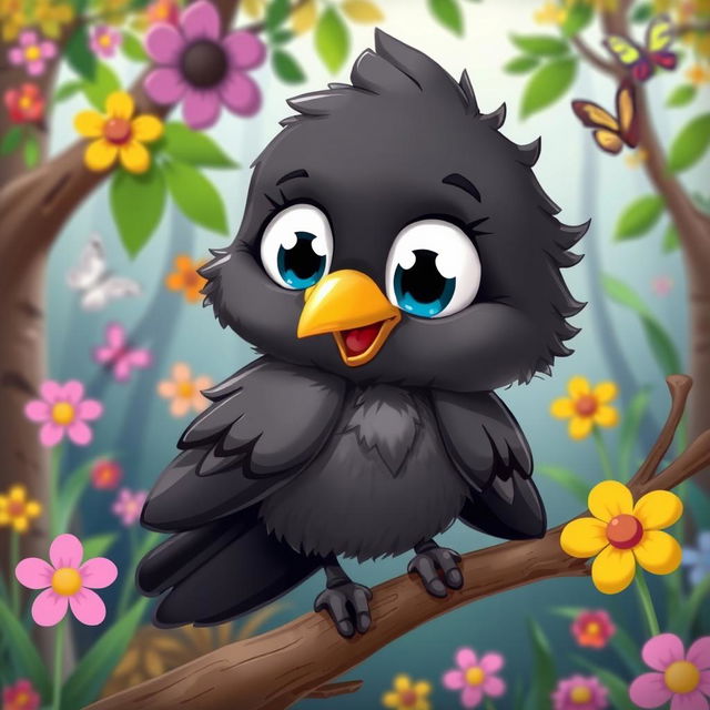 A cute baby crow with big expressive eyes, cartoonish features, and fluffy, soft feathers, depicted in a playful and whimsical style reminiscent of classic cartoon animations like Tom and Jerry