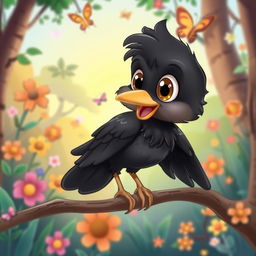 A cute baby crow with big expressive eyes, cartoonish features, and fluffy, soft feathers, depicted in a playful and whimsical style reminiscent of classic cartoon animations like Tom and Jerry