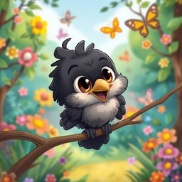 A cute baby crow with big expressive eyes, cartoonish features, and fluffy, soft feathers, depicted in a playful and whimsical style reminiscent of classic cartoon animations like Tom and Jerry