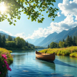 A serene landscape featuring a tranquil river flowing through a lush green forest, with sunlight filtering through the leaves, illuminating the scene