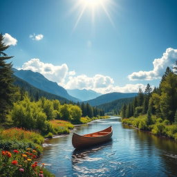 A serene landscape featuring a tranquil river flowing through a lush green forest, with sunlight filtering through the leaves, illuminating the scene