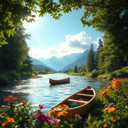 A serene landscape featuring a tranquil river flowing through a lush green forest, with sunlight filtering through the leaves, illuminating the scene