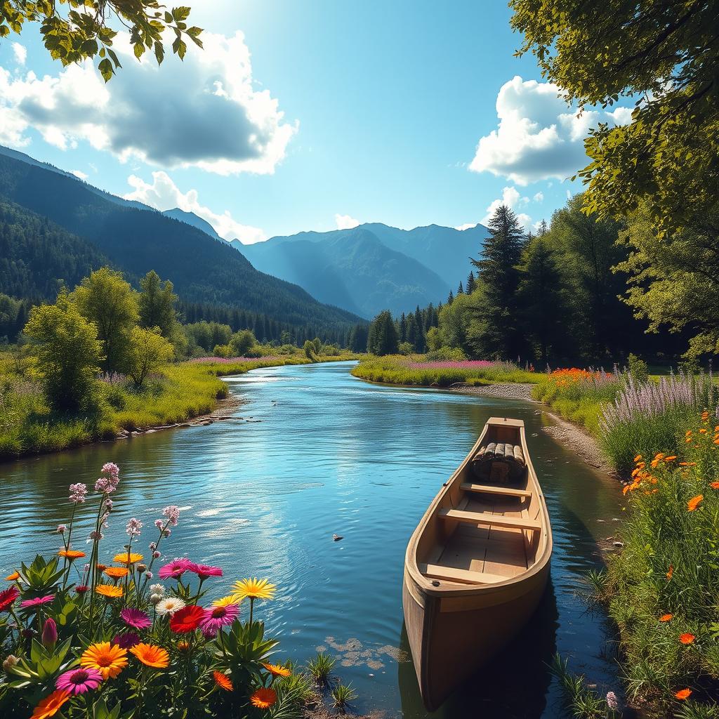 A serene landscape featuring a tranquil river flowing through a lush green forest, with sunlight filtering through the leaves, illuminating the scene