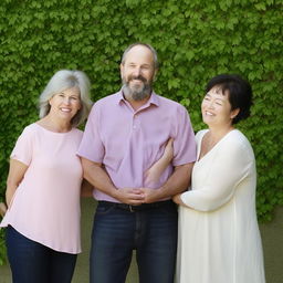 A heartwarming scene of a happy man beaming with joy in a group pose with his smiling family in a comfortable, natural setting.