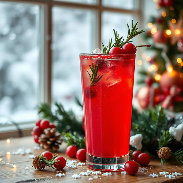 A beautifully styled cocktail scene featuring a cranberry paloma Christmas cocktail
