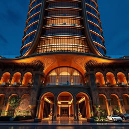 A magnificent and luxurious tower design that combines post-modern and traditional Iranian architecture, featuring curvilinear lines inspired by Persepolis