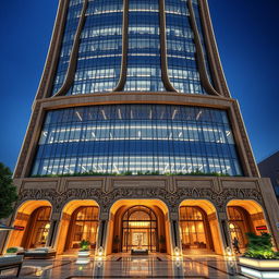 A magnificent and luxurious tower design that combines post-modern and traditional Iranian architecture, featuring curvilinear lines inspired by Persepolis