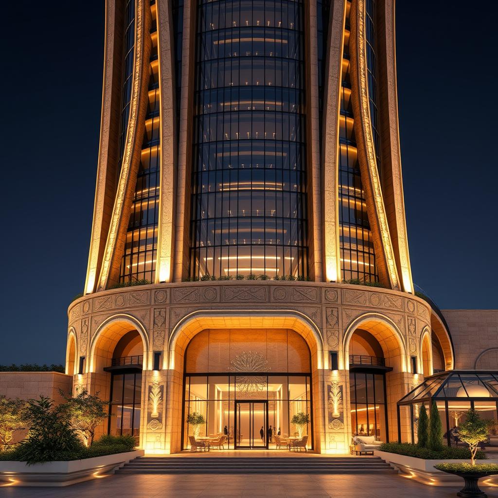 A magnificent and luxurious tower design that combines post-modern and traditional Iranian architecture, featuring curvilinear lines inspired by Persepolis