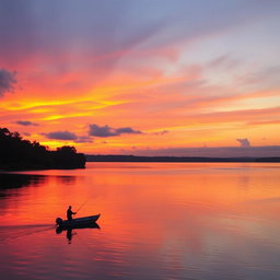 A serene sunset over a calm lake, with vibrant orange, pink, and purple hues reflecting off the water's surface